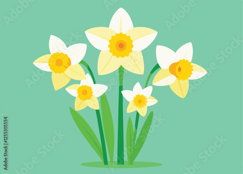 Springtime Delight, Vibrant Daffodils Blooming in Flat Vector Art cute plant    