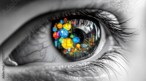 Human eye reflecting digital world, symbolizing connectivity and information