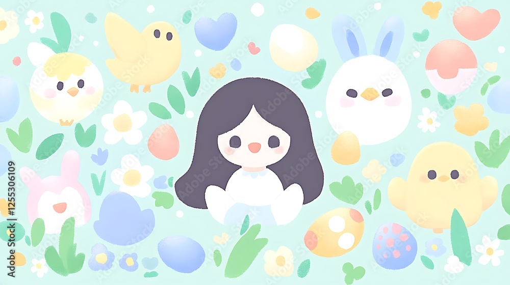 Cute Girl in Pastel Easter Wonderland with Bunnies, Chicks and Eggs Illustration Whimsical Design Cute Girl in Pastel Easter Wonderland with Bunnies, Chicks and Eggs Illustration Whimsical Design