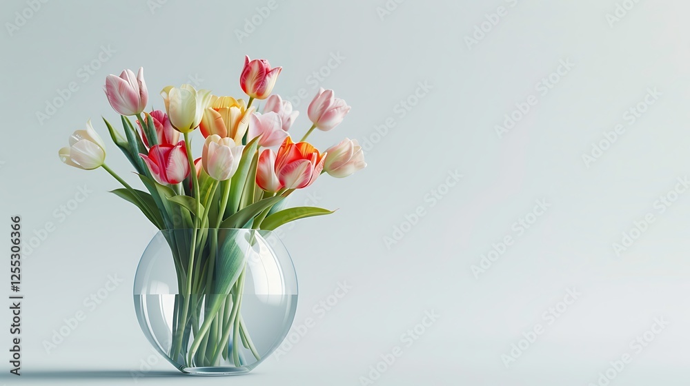 A bouquet of colorful tulips arranged in a clear glass vase on a white background A bouquet of colorful tulips arranged in a clear glass vase on a white background