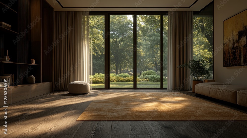 Modern living room with large windows showcasing a lush garden Modern living room with large windows showcasing a lush garden