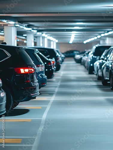 Cars parked in an underground parking lot with geometric lines and modern lighting design