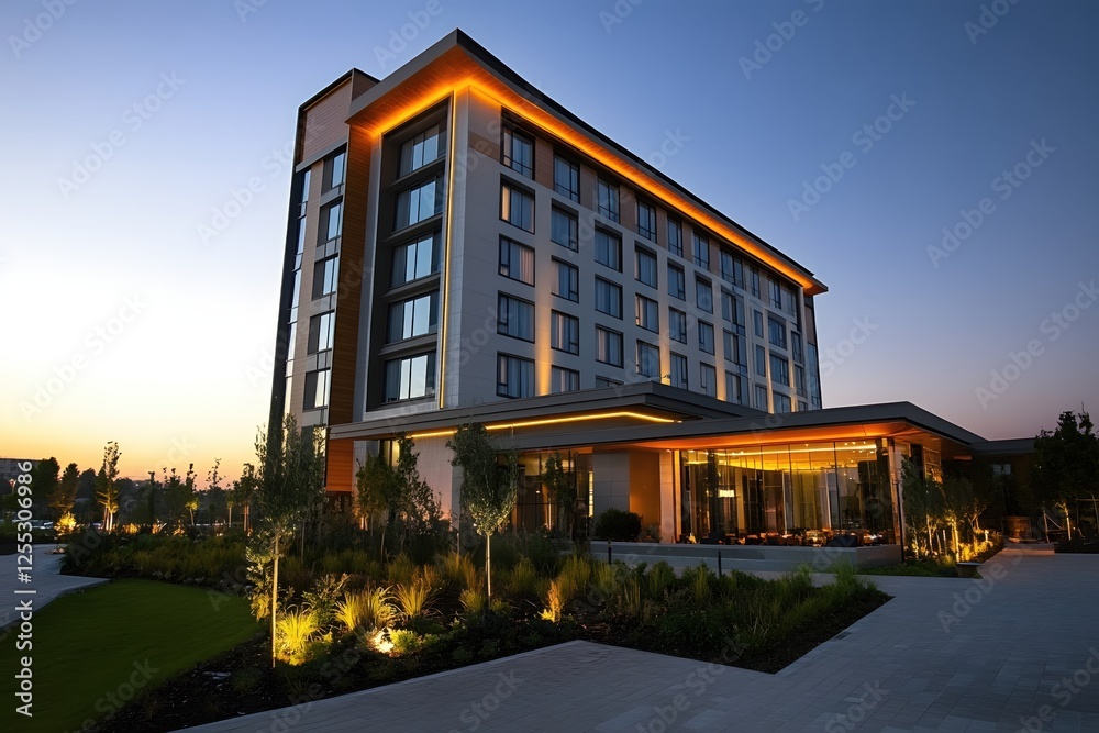 Fototapeta premium Modern Hotel Exterior at Twilight with Warm Lighting and Elegant Landscaping Design View