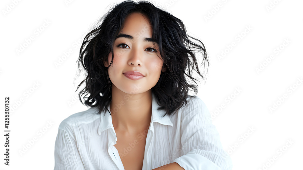 Closeup studio portrait of a young Asian woman with short wavy black hair wearing a white collared shirt She has clear skin and a subtle smile The background is pure white Closeup studio portrait of a young Asian woman with short wavy black hair wearing a white collared shirt She has clear skin and a subtle smile The background is pure white