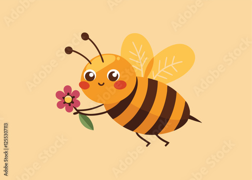 Adorable Easter Bee Carrying Tiny Flower, Flat Vector Illustration cute eggs icon