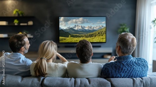 Family enjoying nature documentary on TV together in comfortable living room