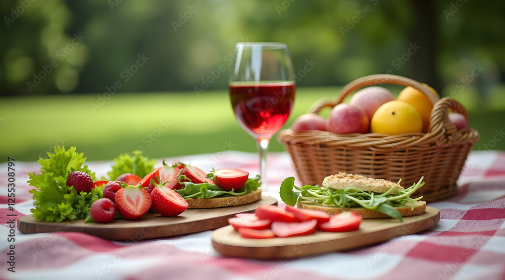 A picnic spread includes fresh strawberries, sliced cucumbers, and a glass of red wine beside a wicker basket filled with apples in a sunny outdoor setting A picnic spread includes fresh strawberries, sliced cucumbers, and a glass of red wine beside a wicker basket filled with apples in a sunny outdoor setting