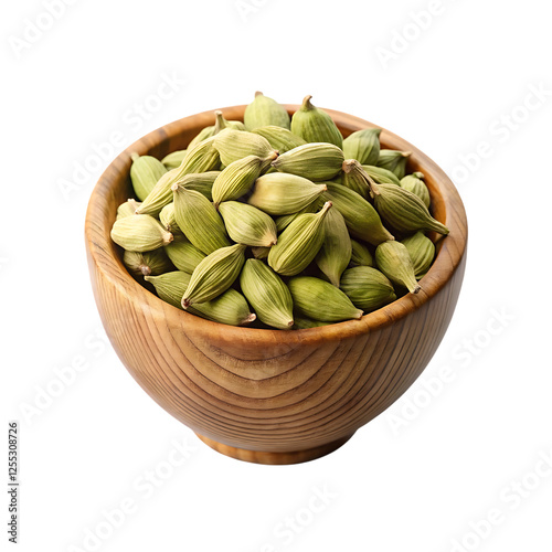 cardamon in a wooden bowl isolated on a transparent background, in a PNG format