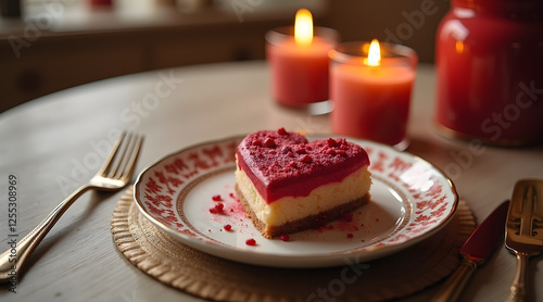 Wallpaper Mural A slice of heart-shaped cheesecake sits on a decorative plate, surrounded by lit candles in warm tones, creating a cozy and inviting atmosphere Torontodigital.ca