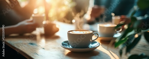 Warm morning coffee with sunlit steam on wooden table