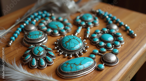Colorful turquoise jewelry pieces arranged on a wooden surface, showcasing intricate silver detailing and unique designs with varying shapes and textures