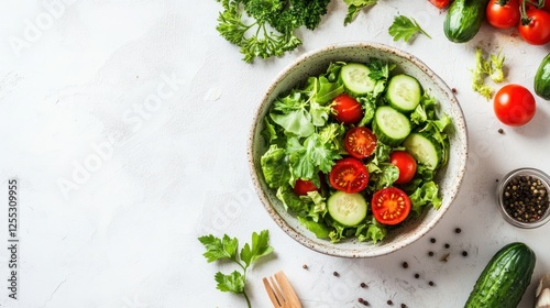 Fresh and Healthy Salad with Tomatoes and Cucumbers on White Background
