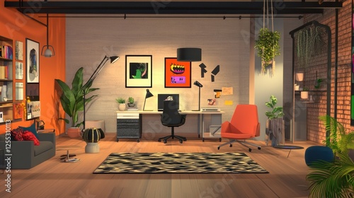 Modern Home Office with Stylish Furniture and Vibrant Decor Accents