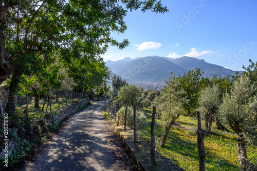 Hiking trail in the Serra de Tramuntana to the village of Biniaraix on the island of Majorca, Spain