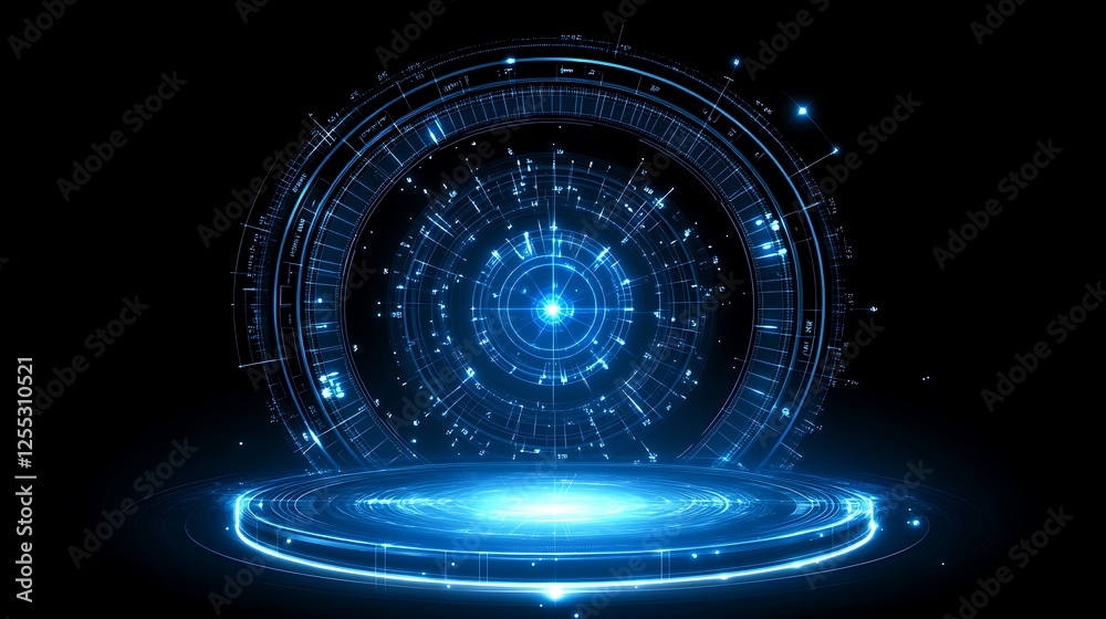 Fototapeta premium Futuristic Technology Portal Glowing Digital Circle and Platform Abstract Hi Tech Interface Visual