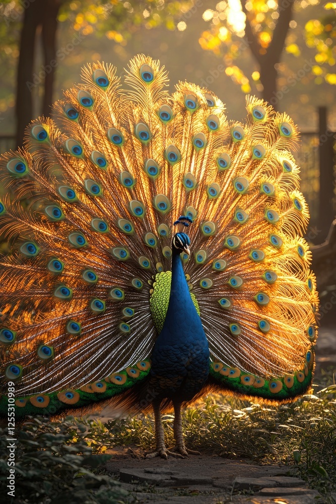 Obraz premium Majestic Peacock Displays Its Golden Plumage In Sunlight