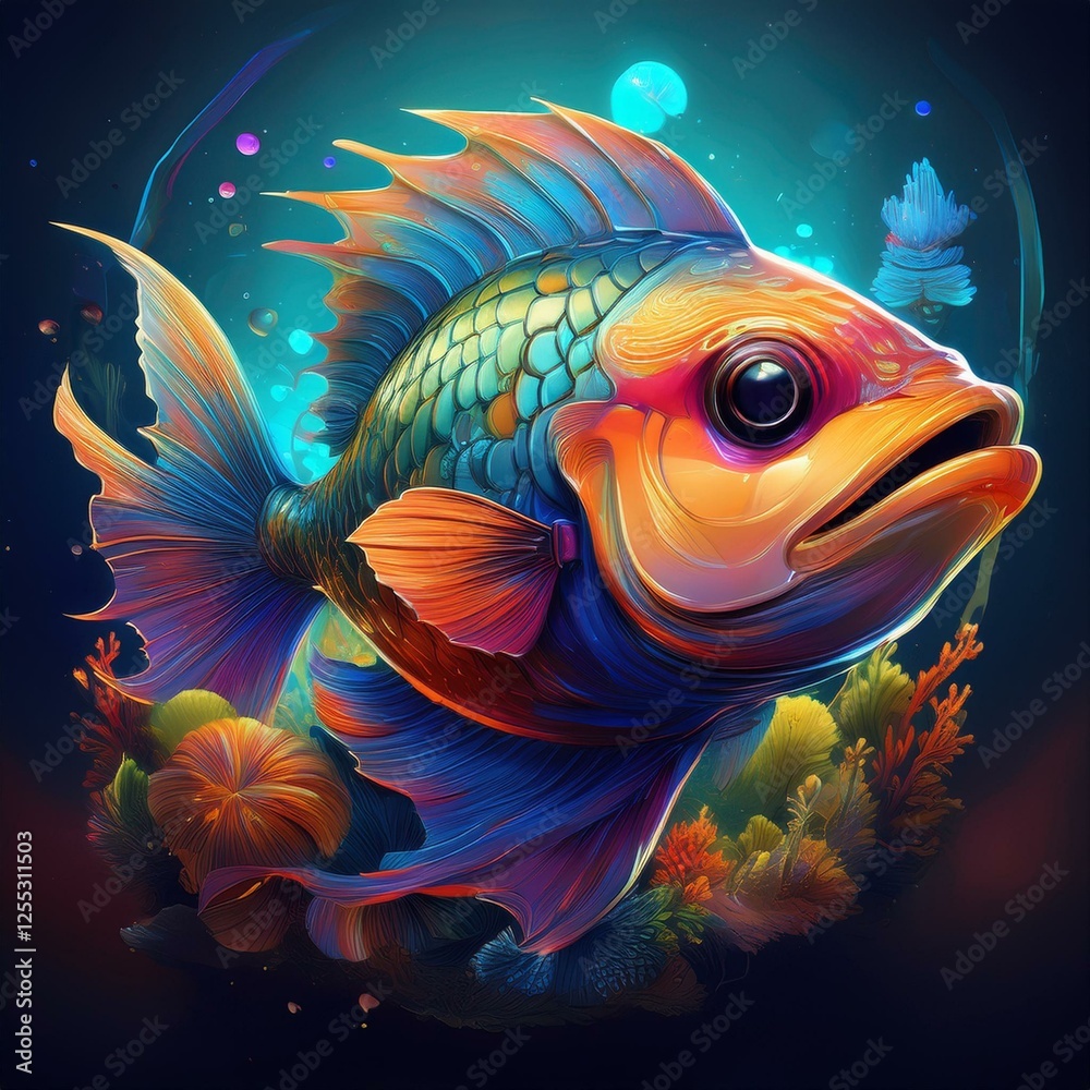 A fantastical fish with luminous fins navigates through a dreamlike underwater realm, glowing with ethereal beauty. A fantastical fish with luminous fins navigates through a dreamlike underwater realm, glowing with ethereal beauty.