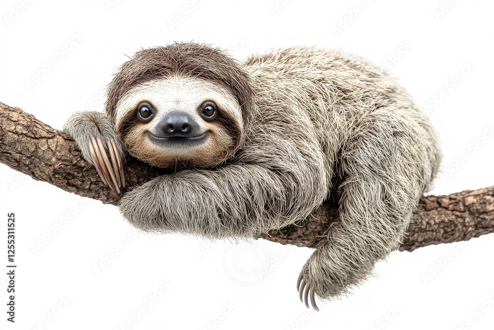 Fototapeta premium Cute brown and white sloth is resting on a tree branch. The sloth is smiling and he is enjoying its time on the branch