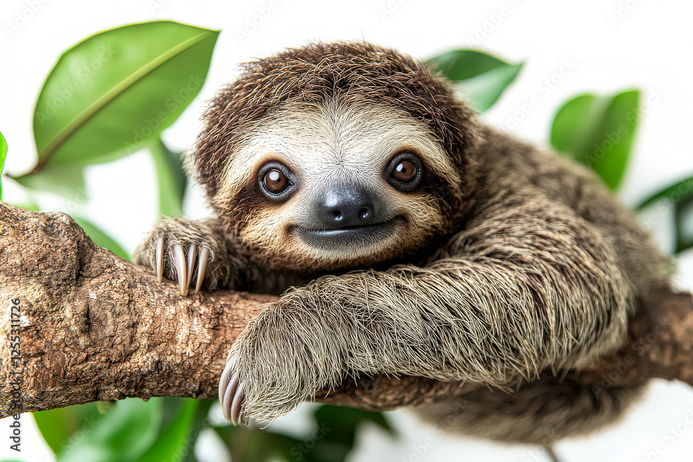 Fototapeta premium Cute brown and white sloth is resting on a tree branch. The sloth is smiling and he is enjoying its time on the branch