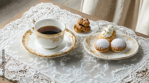 Elegant Afternoon Tea: Cup of Coffee and Delectable Pastries on Lace Tablecloth
