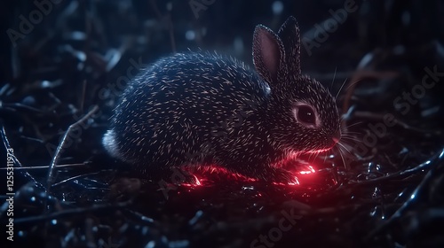 Night Rabbit Under Red Glow Among Twisted Dark Branches in a Mysterious Forest Ambiance photo