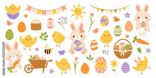 Cute Easter elements set. Easter bunny, chicks and eggs. Flat vector isolated illustration