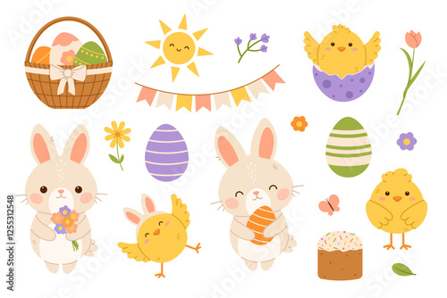 Easter elements set. Easter bunny, chicks and eggs. Flat vector isolated illustration