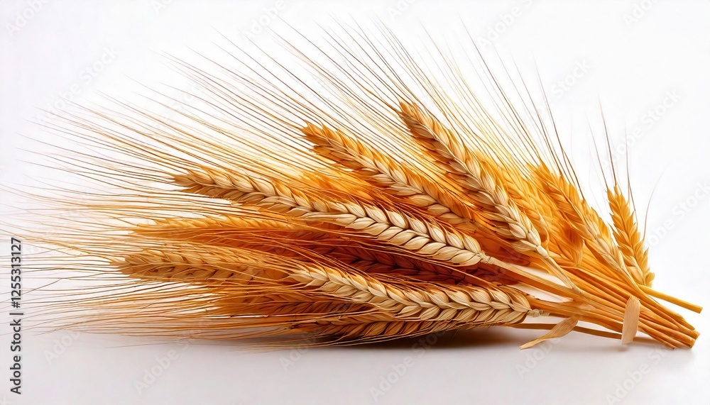 Wheat stalks arranged neatly on a plain background showcasing their golden color and texture on white background Wheat stalks arranged neatly on a plain background showcasing their golden color and texture on white background