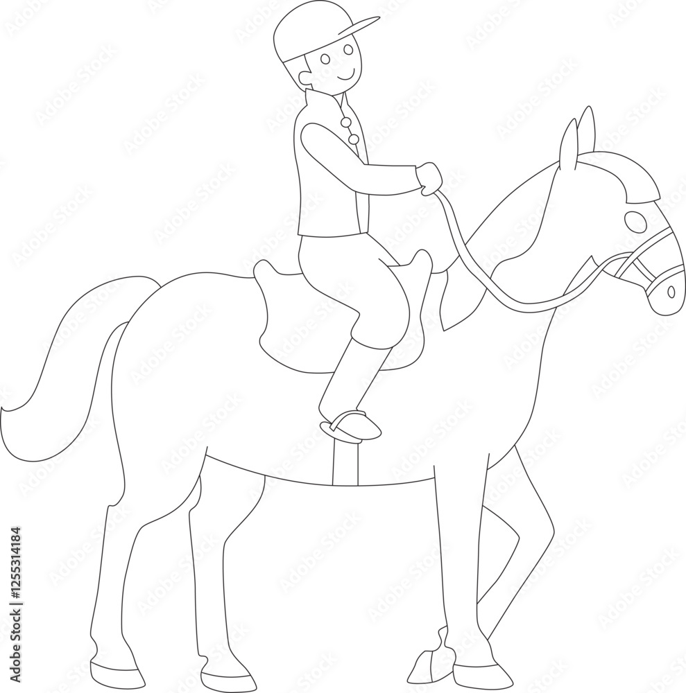 young man in rider uniform smiling and sitting on horse side view young man in rider uniform smiling and sitting on horse side view
