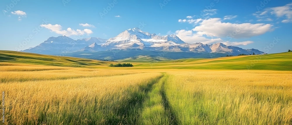 Obraz premium Majestic snowy mountain range overlooking golden wheat field under bright blue sky day
