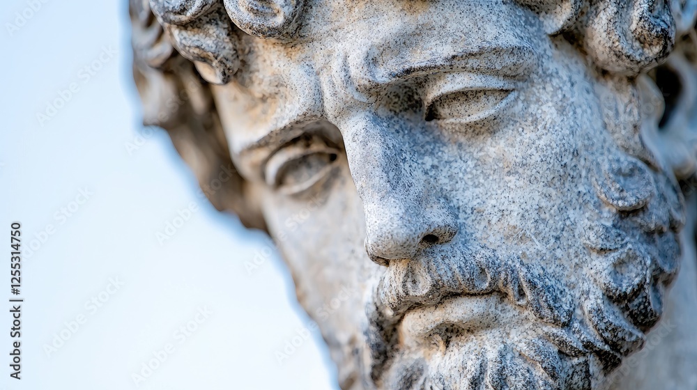 Ancient stone statue head, outdoor closeup, weathered details, possible museum or historical site Ancient stone statue head, outdoor closeup, weathered details, possible museum or historical site