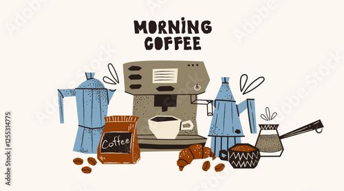 Coffee illustration. Сups, teapots, ground coffee, coffee beans, teapot. Retro doodle hand drawn cartoon illustration of coffee brewing in ve