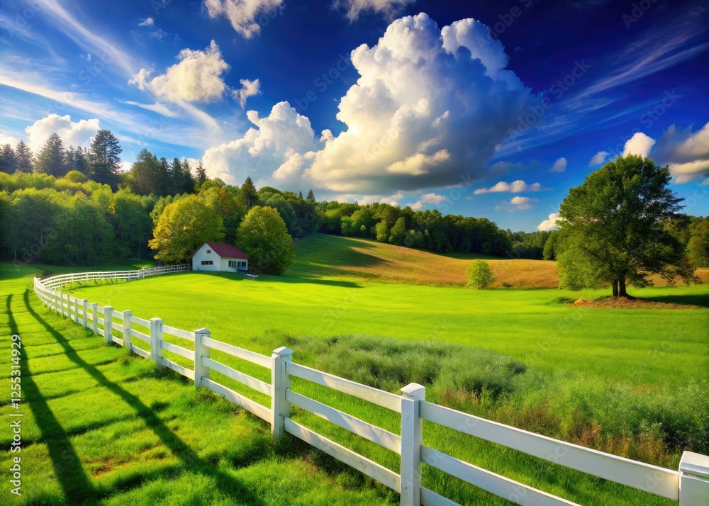 Serene farm landscape: white fence, azure sky, verdant field, bordering tranquil forest. Serene farm landscape: white fence, azure sky, verdant field, bordering tranquil forest.
