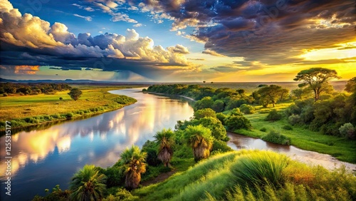Serengeti sunset: wildlife thrives along the Savannah riverbank, a vibrant African river landscape.