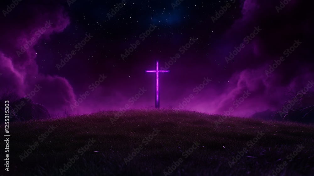 Glowing Purple Cross on a Hill Under a Starry Night Sky Religious Symbol Mystical Spiritual Scene Glowing Purple Cross on a Hill Under a Starry Night Sky Religious Symbol Mystical Spiritual Scene
