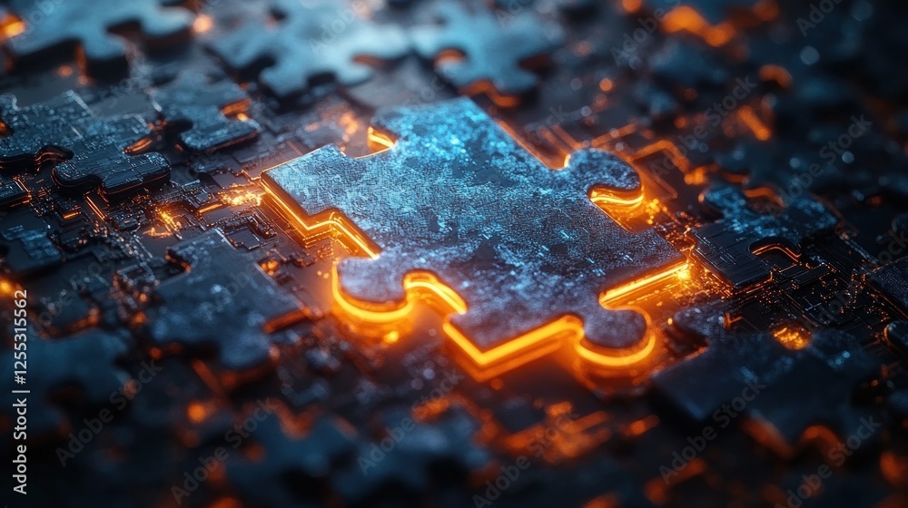 Glowing puzzle piece fitting tech background Glowing puzzle piece fitting tech background