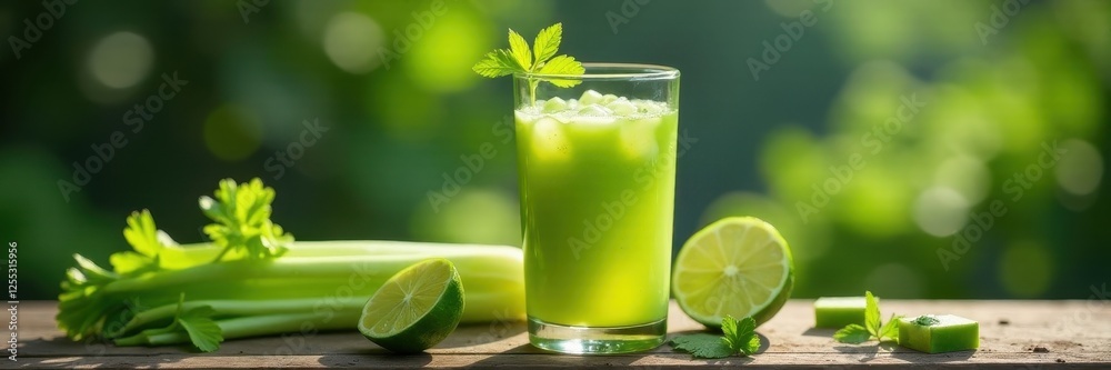 Clear glass filled with freshly pressed celery juice, healthy, glassware Clear glass filled with freshly pressed celery juice, healthy, glassware