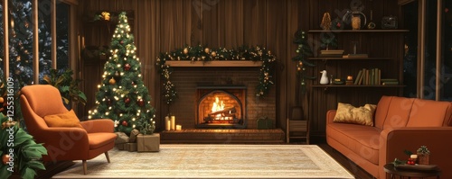 Cozy christmas living room with fireplace and decorated tree at night