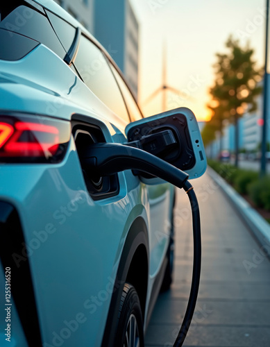 Eco power. Modern electric car getting electricity from renewable energy sources, car charging process close-up