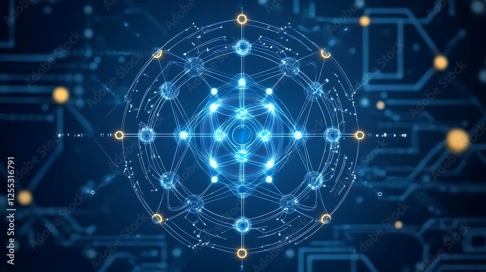 Obraz premium Abstract Network Connection Sphere Glowing Nodes Digital Grid Data Processing Concept Visual
