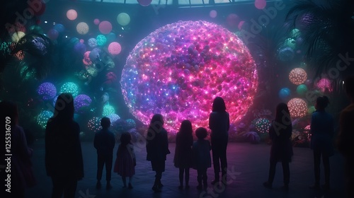 Illuminated Orb with Gathering People Mesmerized by Glowing Sphere Light Installation Attraction