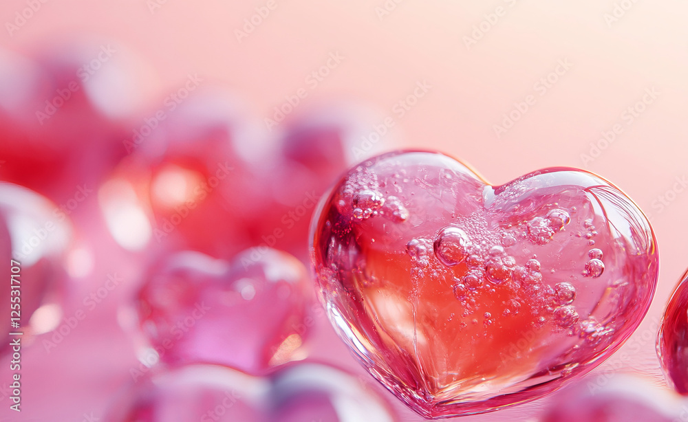 Pink and red glass hearts in various sizes fill with pink liquid, set against a soft gradient pink background. The colorful hearts shine brightly, evoking a romantic and love-filled atmosphere. Pink and red glass hearts in various sizes fill with pink liquid, set against a soft gradient pink background. The colorful hearts shine brightly, evoking a romantic and love-filled atmosphere.