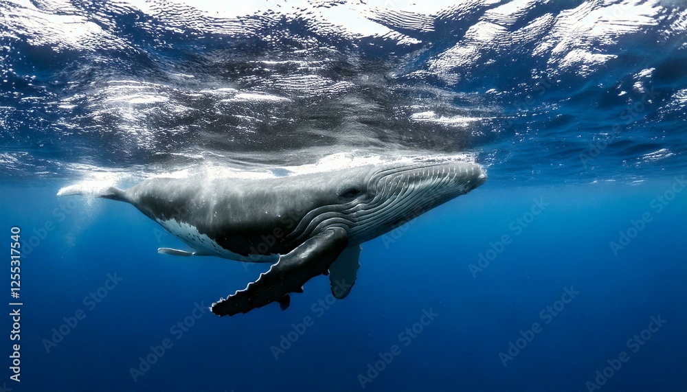 Naklejka premium The gentle motion of a baby humpback whale playing near the surface, its sleek form gliding through vibrant blue waves