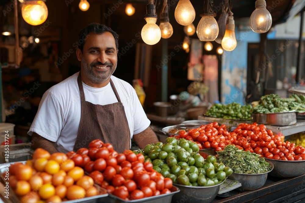 Fototapeta premium Market vendor smiles at customers surrounded by fresh fruits and vegetables in a bustling marketplace in the late afternoon