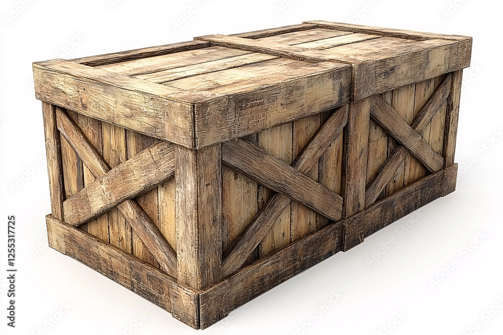 Rustic wooden crate, reinforced with crossed planks, features a weathered texture and a closed plank lid..