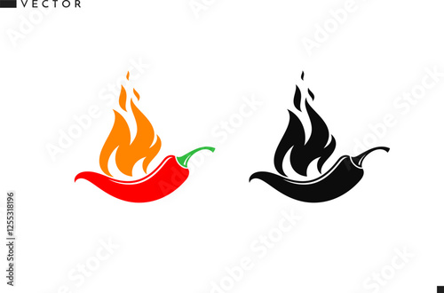 Hot chili pepper with fire vector. Mexican food sign 