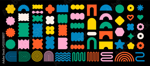 Abstract geometric shapes and icons. Colorful groovy brutal figures. Modern Swiss design aesthetic.