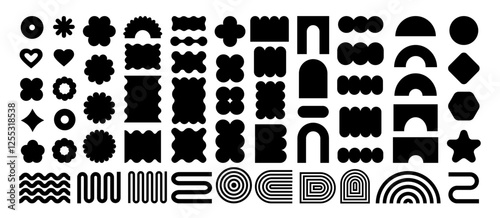 Abstract geometric shapes and icons in black colors. Groovy brutal modern figures. Stylish Swiss design aesthetic.