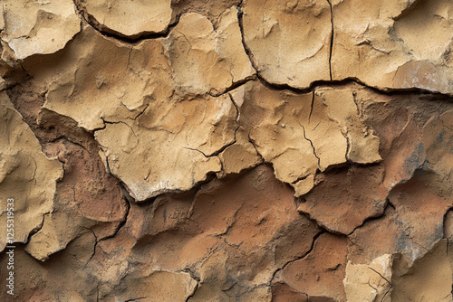 Texture of cracked dried clay with deep crevices and different shades photo