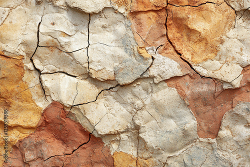 Texture of cracked dried clay with deep crevices and different shades photo